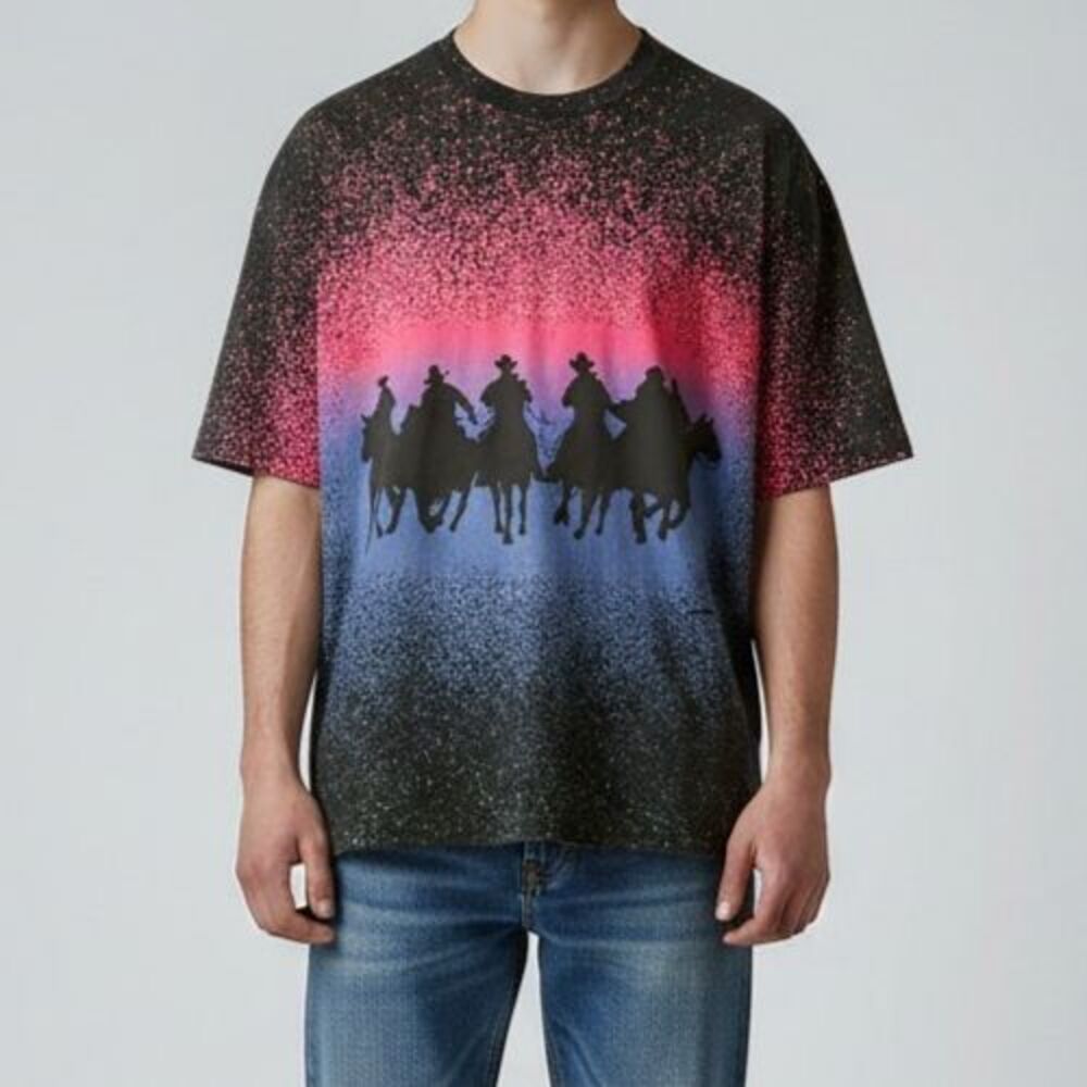 Vintage Cowboy Riding In the Night All Over Print Single Stitch T-Shirt L USA